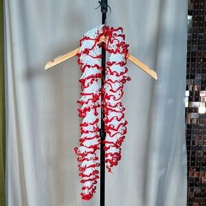Vintage Red and White Ruffled Crochet Scarf
